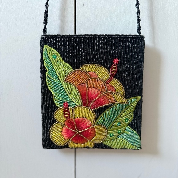 Handbags - Vintage Beaded Floral Crossbody Bag - Black with Red, Yellow & Green Embroidery